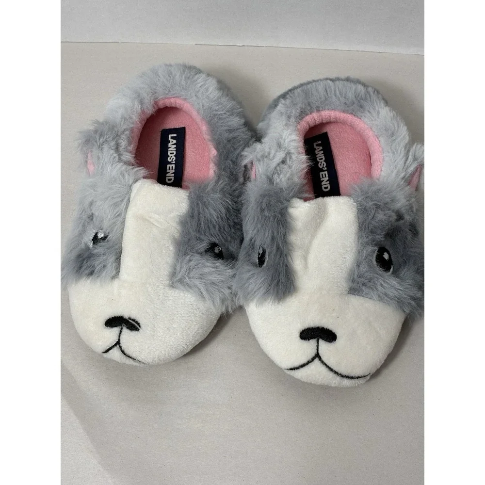 Lands End Bunny Slippers Youth Sz 10M Gray Slip On Fun